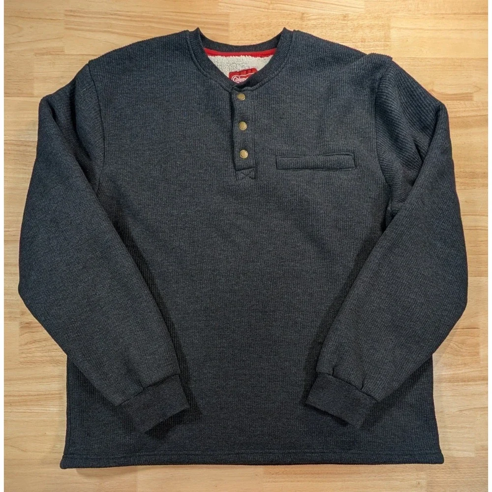 Coleman Mens XL Charcoal Gray Sherpa Lined Henley Pullover Sweatshirt Fall 2022